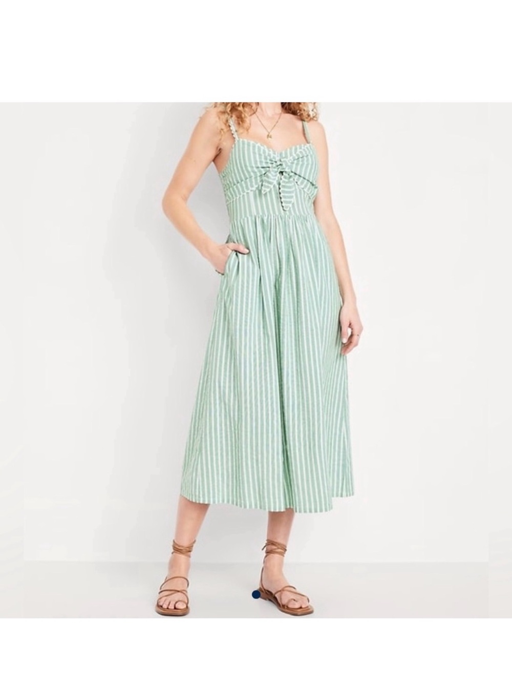 Old Navy Green and White Striped Tie-Front Midi Dress